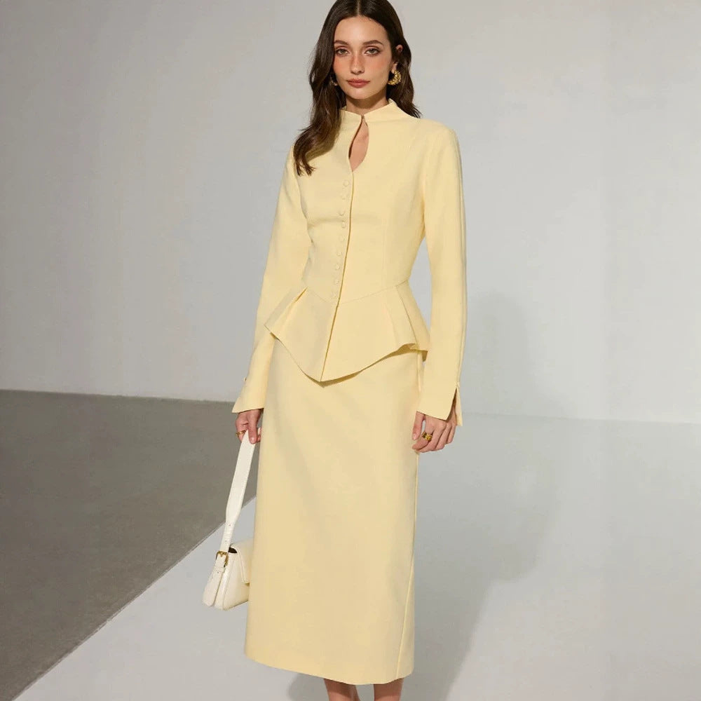 Damen Zweiteiliges tailliertes Blazer- und Bleistiftrock-Set mit Stehkragen und Peplum Nord Taschen