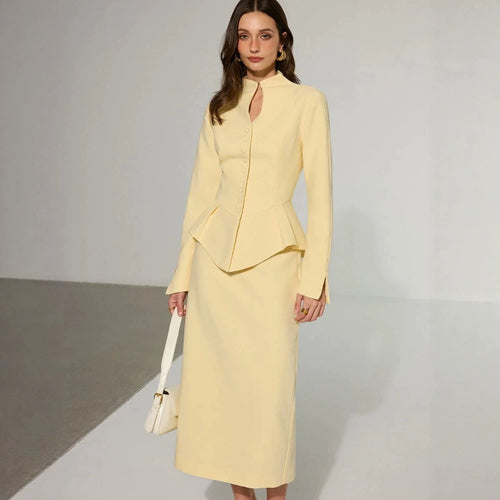 Damen Zweiteiliges tailliertes Blazer- und Bleistiftrock-Set mit Stehkragen und Peplum Nord Taschen