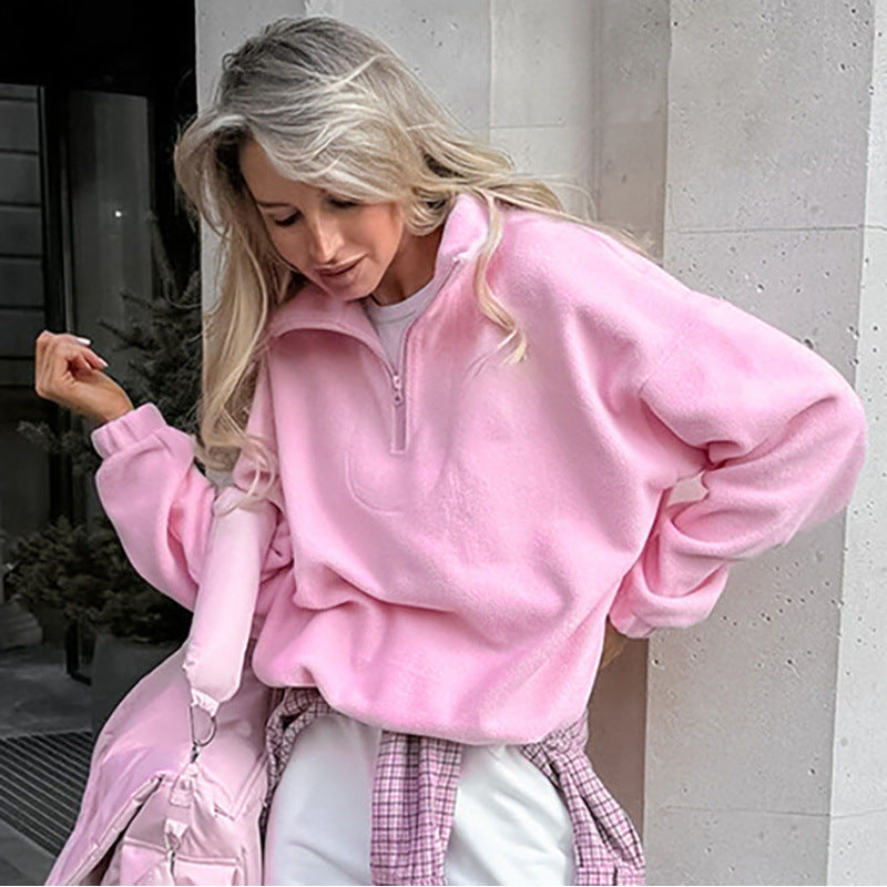 Damen Oversized Fleecepullover mit halbem Reißverschluss und Stehkragen Nord Taschen