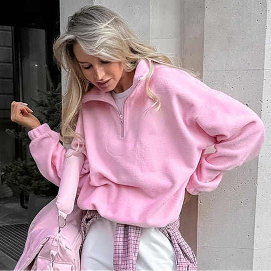 Damen Oversized Fleecepullover mit halbem Reißverschluss und Stehkragen Nord Taschen