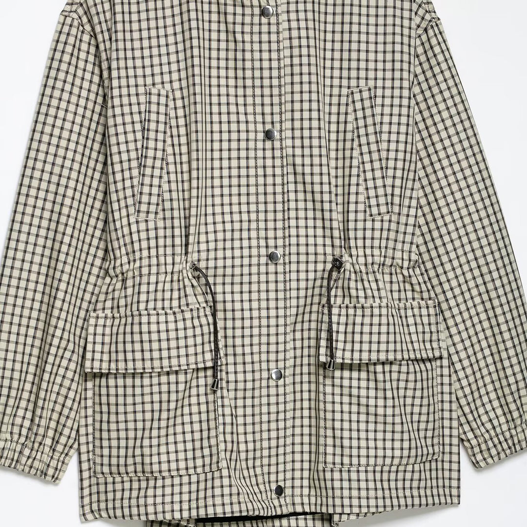Damen Karierte Oversize-Parka mit Tunnelzug, Stehkragen und aufgesetzten Pattentaschen Nord Taschen