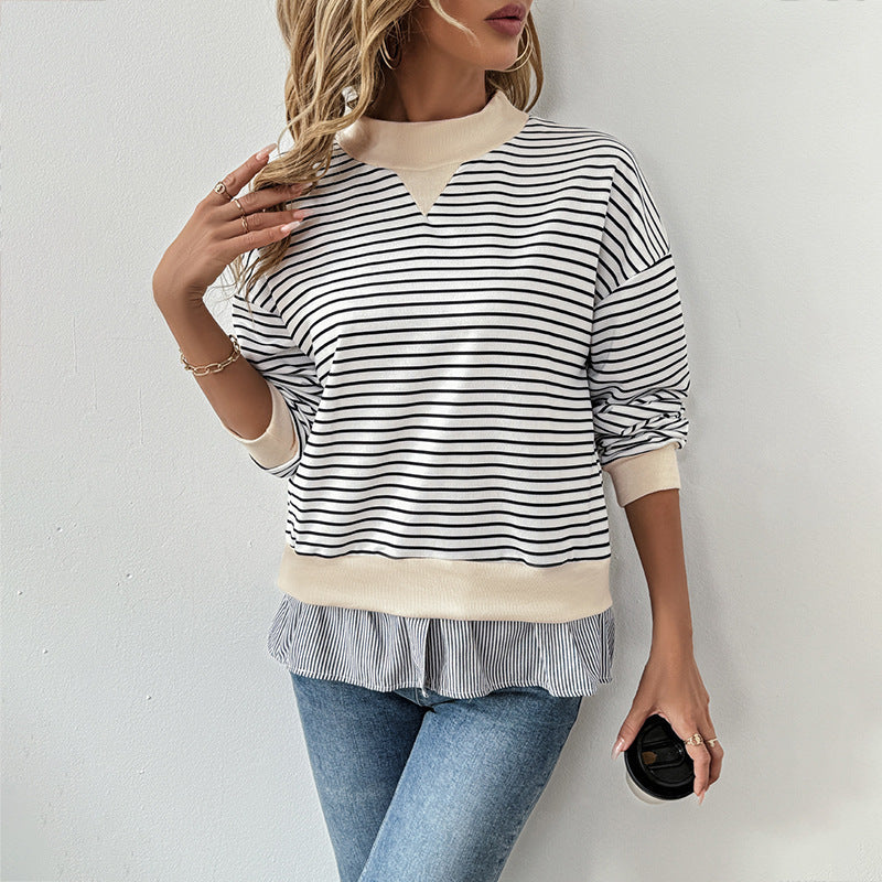 Damen Gestreiftes Layering-Sweatshirt mit Chiffon‑Einsatz und kontrastierendem Stehkragen Nord Taschen