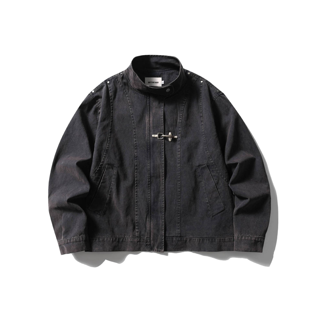 Herren Kurzer Vintage‑Denim Field‑Blouson mit Stehkragen, Knebelverschluss und Utility‑Taschen Nord Taschen
