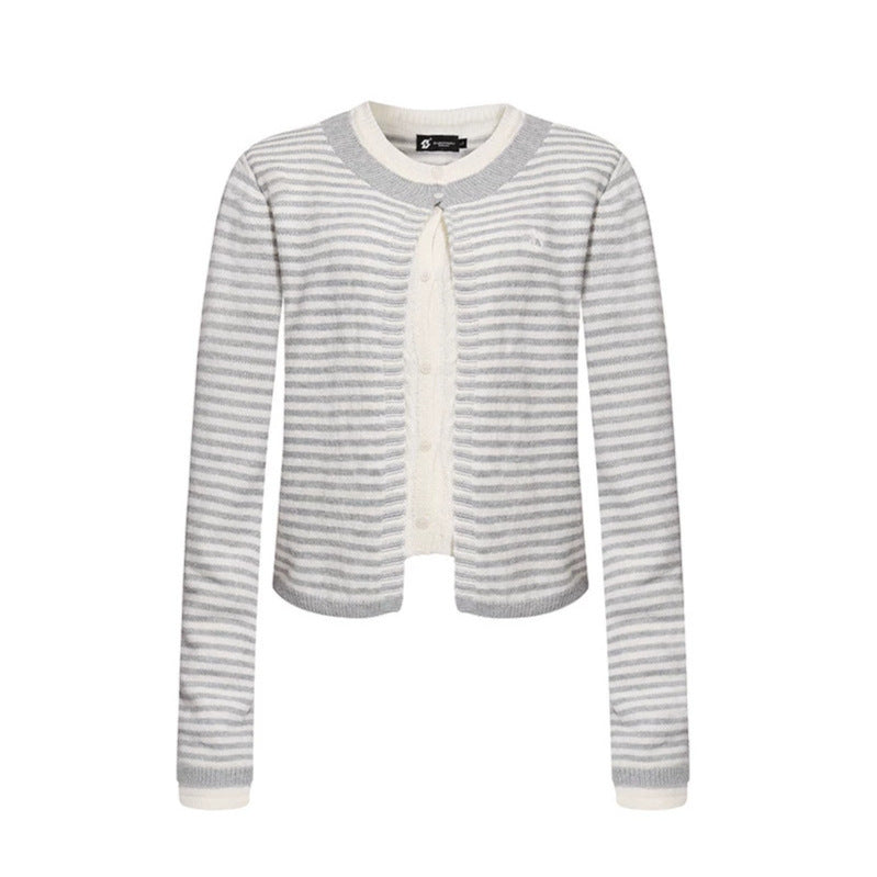 Damen Kurze Lagen-Strickjacke mit Rundhals und feinen Streifen Nord Taschen