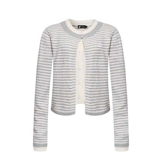 Damen Kurze Lagen-Strickjacke mit Rundhals und feinen Streifen Nord Taschen