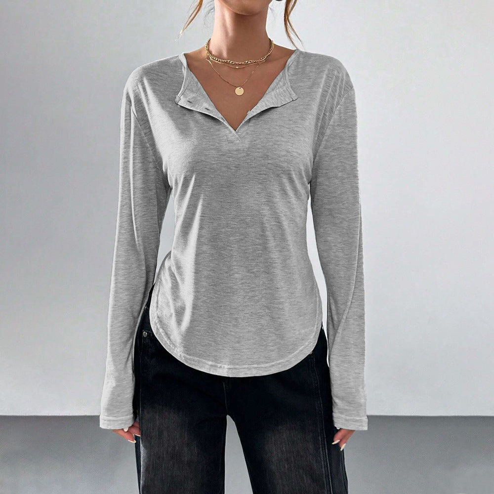 Damen legeres V-Ausschnitt Langarmshirt mit offenem Kragen, weichem Jersey und abgerundetem Saum Nord Taschen