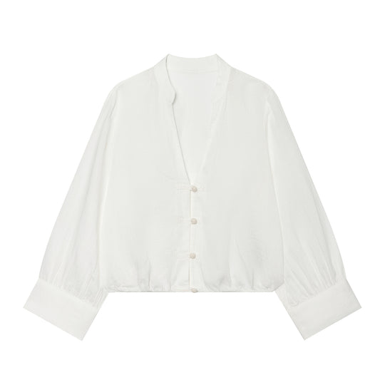 Damen Cropped-Bluse im Tai-Chi-Stil mit Stehkragen, Knotenverschlüssen und Ballonärmeln Nord Taschen