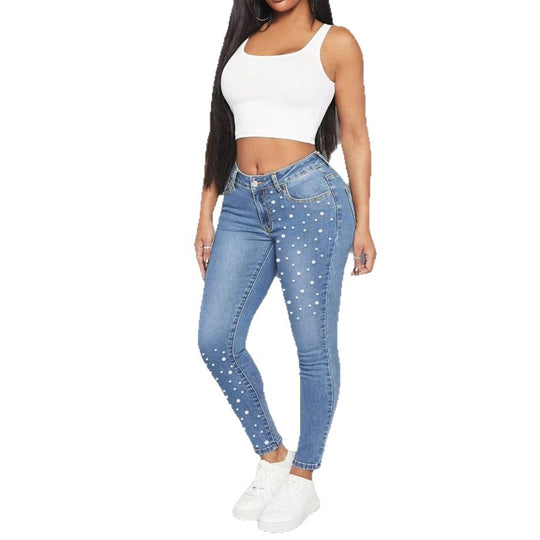 Damen High-Waist Skinny-Jeans mit Perlenapplikation Nord Taschen