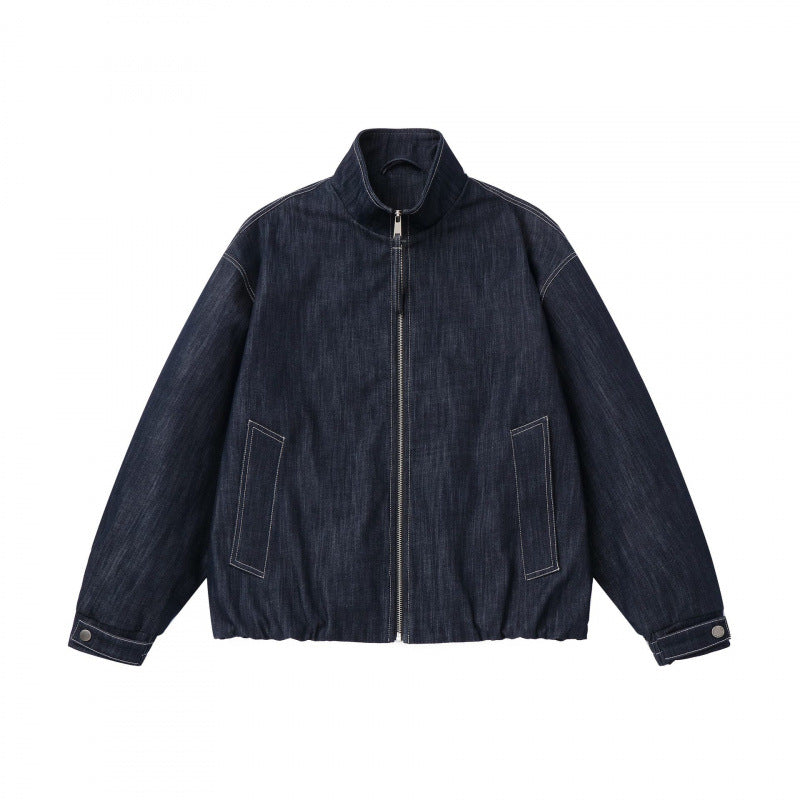 Unisex Kastenförmige Jeans-Blousonjacke mit Stehkragen, Reißverschluss und elastischem Saum Nord Taschen
