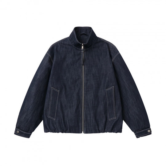 Unisex Kastenförmige Jeans-Blousonjacke mit Stehkragen, Reißverschluss und elastischem Saum Nord Taschen