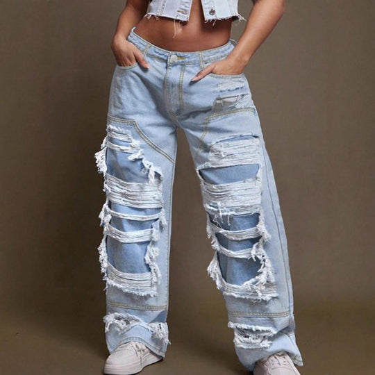 Damen Baggy-Denimhose mit extragroßen Destroyed‑Cutouts und weitem Bein Nord Taschen