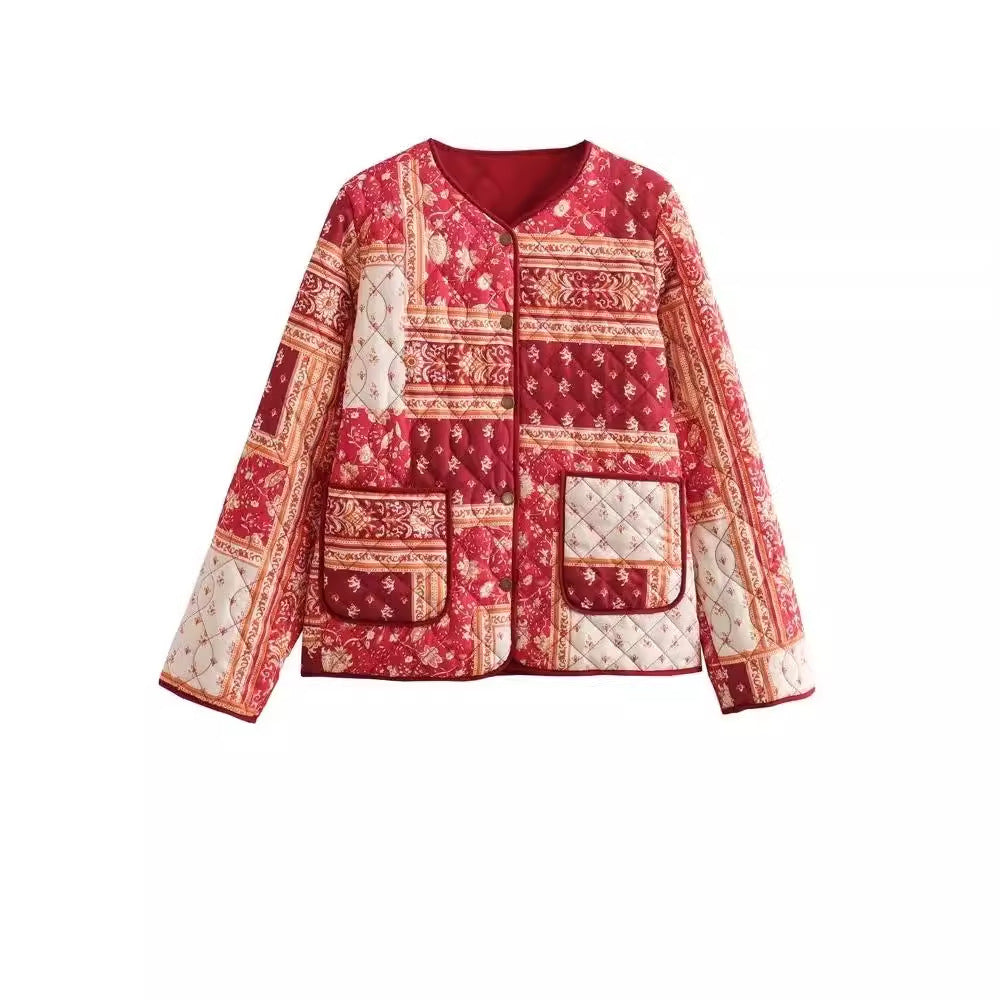 Damen Steppjacke im Patchwork-Bandana-Design mit Rundhals und aufgesetzten Taschen Nord Taschen