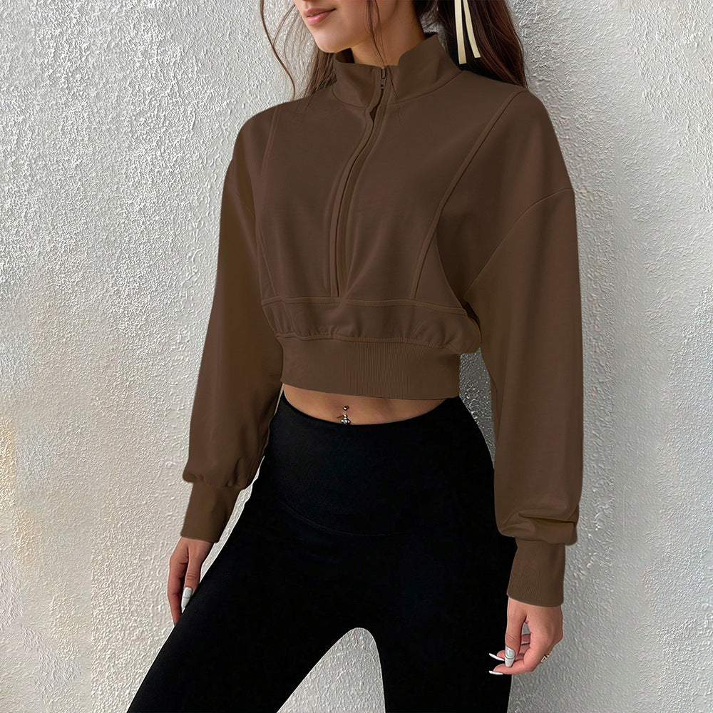 Damen kurzes Stehkragen-Sweatshirt mit halbem Reißverschluss, tailliertem Rippenbund und Daumenloch-Ärmeln Nord Taschen