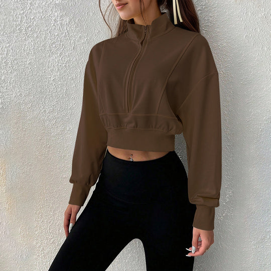 Damen kurzes Stehkragen-Sweatshirt mit halbem Reißverschluss, tailliertem Rippenbund und Daumenloch-Ärmeln Nord Taschen