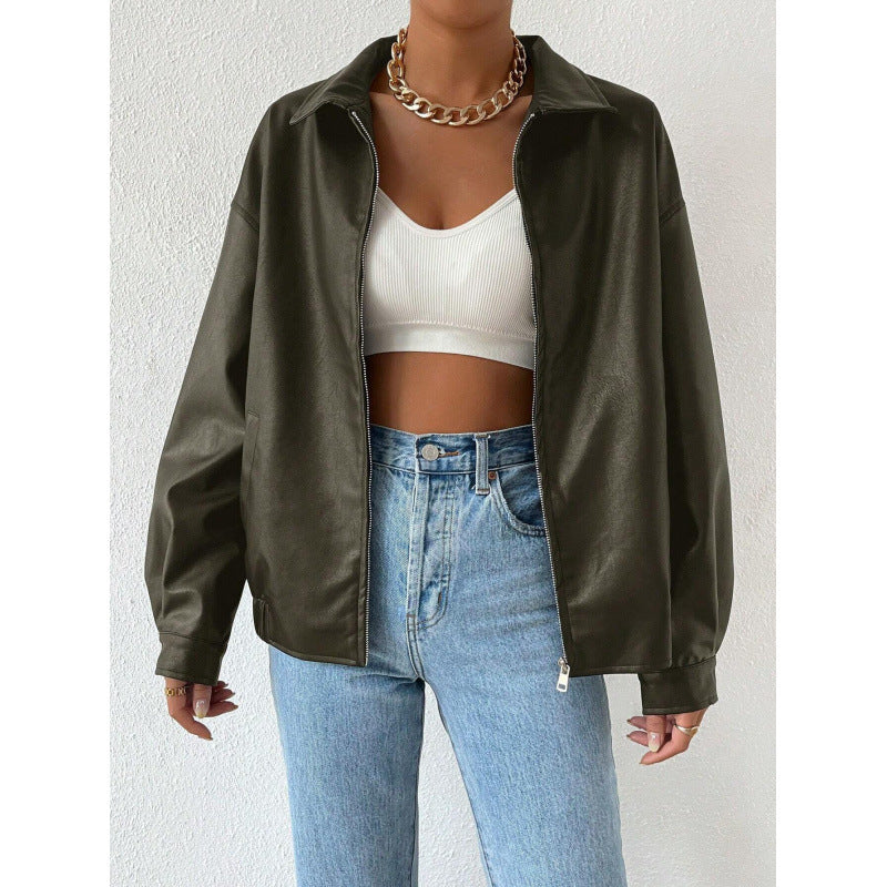 Damen Oversized Kunstleder-Blouson mit Reißverschluss und Hemdkragen Nord Taschen