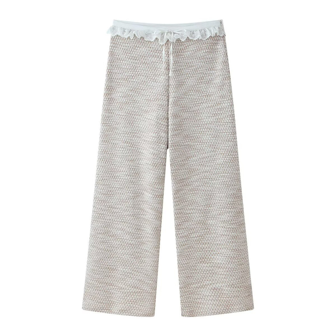 Damen Weite Tweed-Hose mit Spitzenbund und Kordelzug Nord Taschen