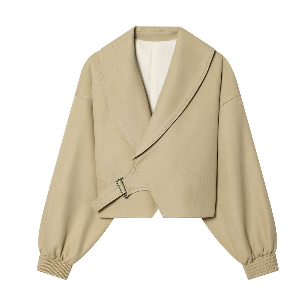 Damen Cropped-Wickeljacke mit großem Schalkragen, Gürtel und Ballonärmeln Nord Taschen