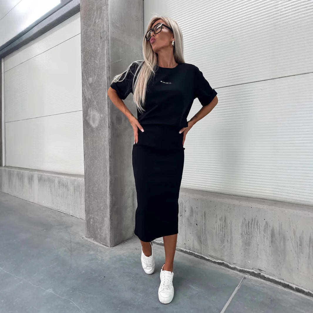Damen lässiges Zweiteiler-Set aus Feinstrick mit oversized Shirt und Midi-Bleistiftrock mit Seitenschlitz Nord Taschen