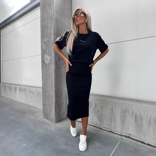 Damen lässiges Zweiteiler-Set aus Feinstrick mit oversized Shirt und Midi-Bleistiftrock mit Seitenschlitz Nord Taschen
