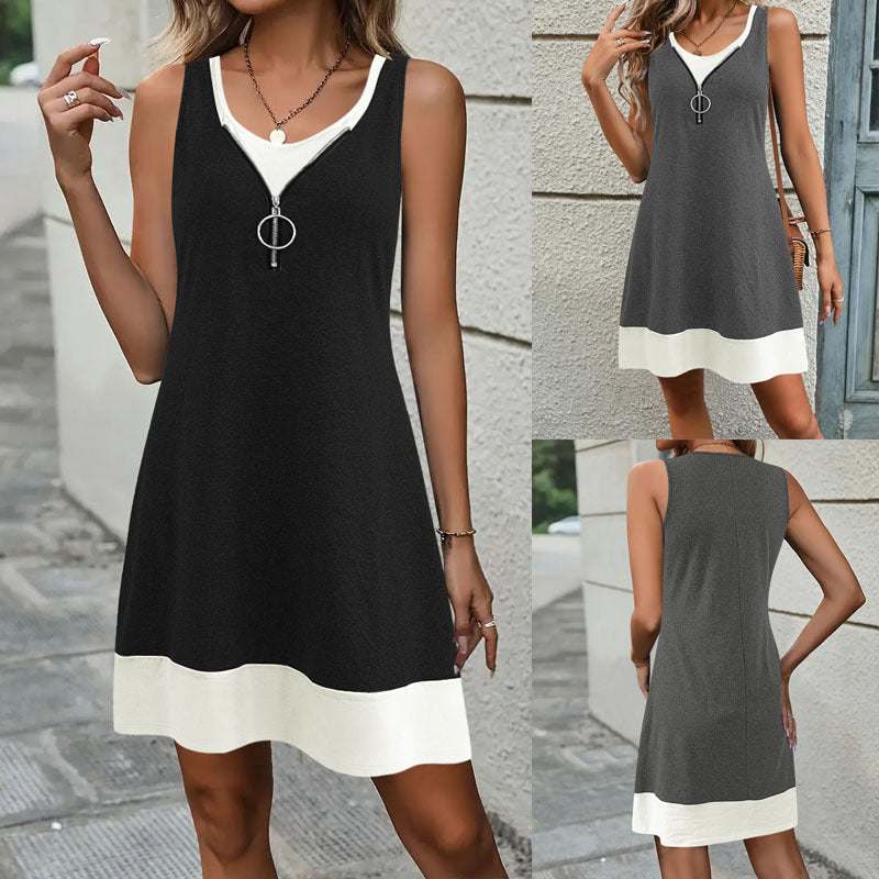 Damen ärmelloses Sommerkleid mit modischem Reißverschluss und Kontrastdetails