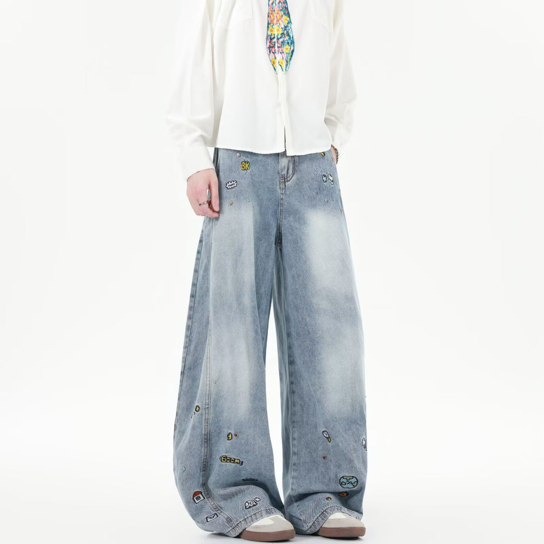 Herren Extraweite Baggy-Jeans mit verspielten Stickereien und weitem Bein Nord Taschen
