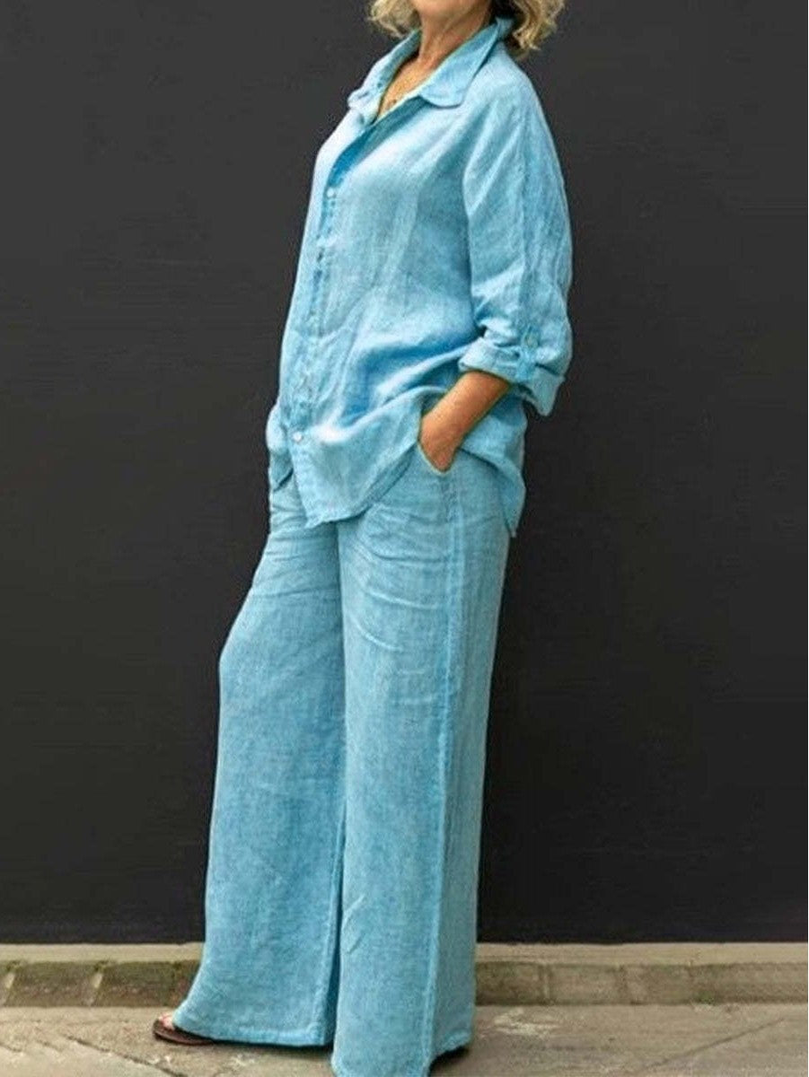 Damen Entspanntes Leinen-Set mit Oversize-Hemd und weiter Palazzo-Hose Nord Taschen