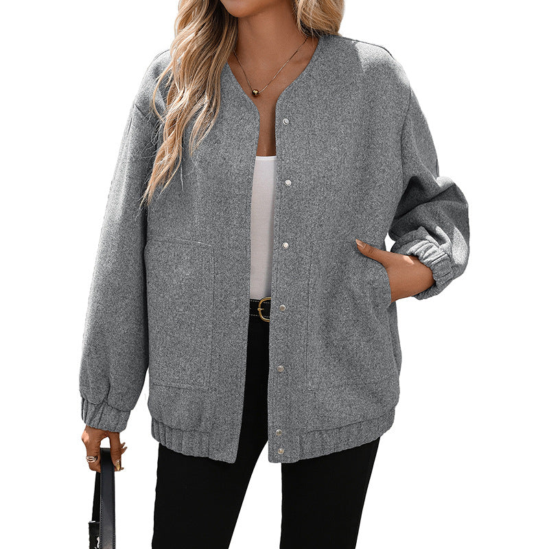 Damen Oversize‑Wolloptik‑Blouson mit Druckknopf‑Verschluss, elastischen Bündchen & aufgesetzten Taschen Nord Taschen