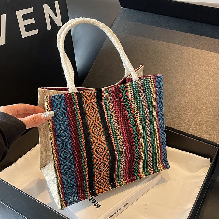 Damen Jute-Tragetasche mit buntem Muster und stabilen Baumwollgriffen Nord Taschen