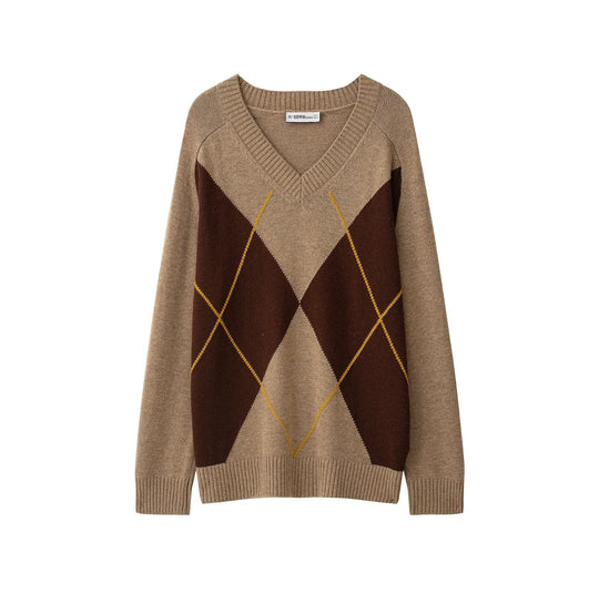 Damen Oversize V‑Ausschnitt Pullover mit Rautenmuster und Rippenbündchen Nord Taschen