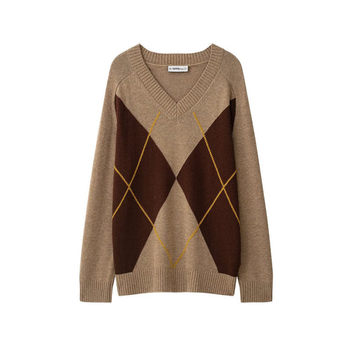 Damen Oversize V‑Ausschnitt Pullover mit Rautenmuster und Rippenbündchen Nord Taschen