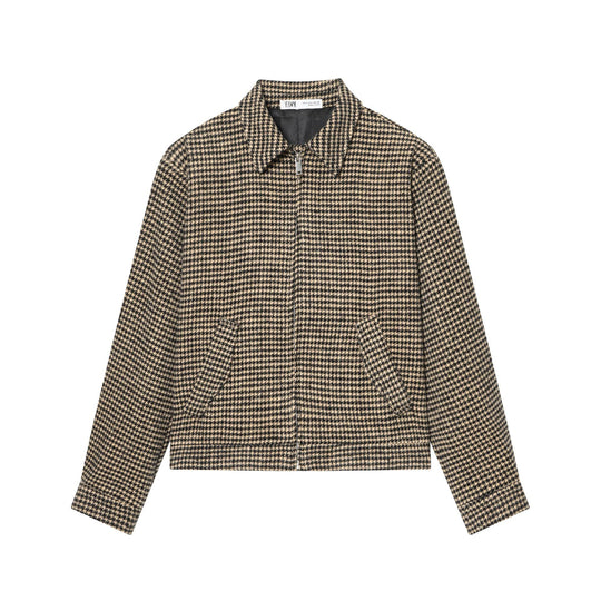 Damen Boxy-Kurzjacke aus Wollmix mit Hahnentrittmuster, Reißverschluss und Hemdkragen Nord Taschen