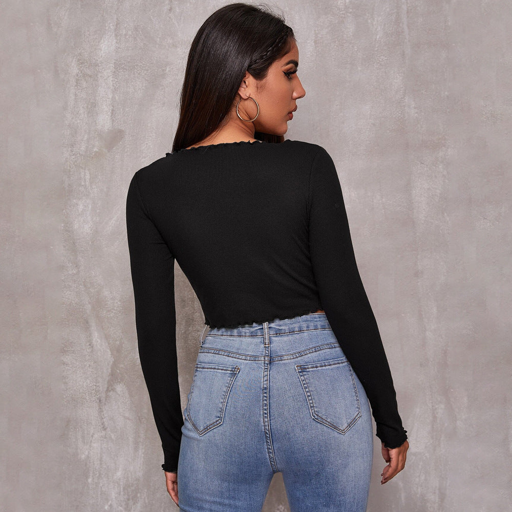Damen geripptes Cropped-Longsleeve mit Tunnelzugvorderseite, Bindekordeln und gewelltem Saum Nord Taschen
