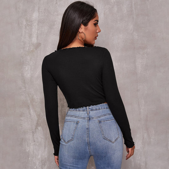 Damen geripptes Cropped-Longsleeve mit Tunnelzugvorderseite, Bindekordeln und gewelltem Saum Nord Taschen
