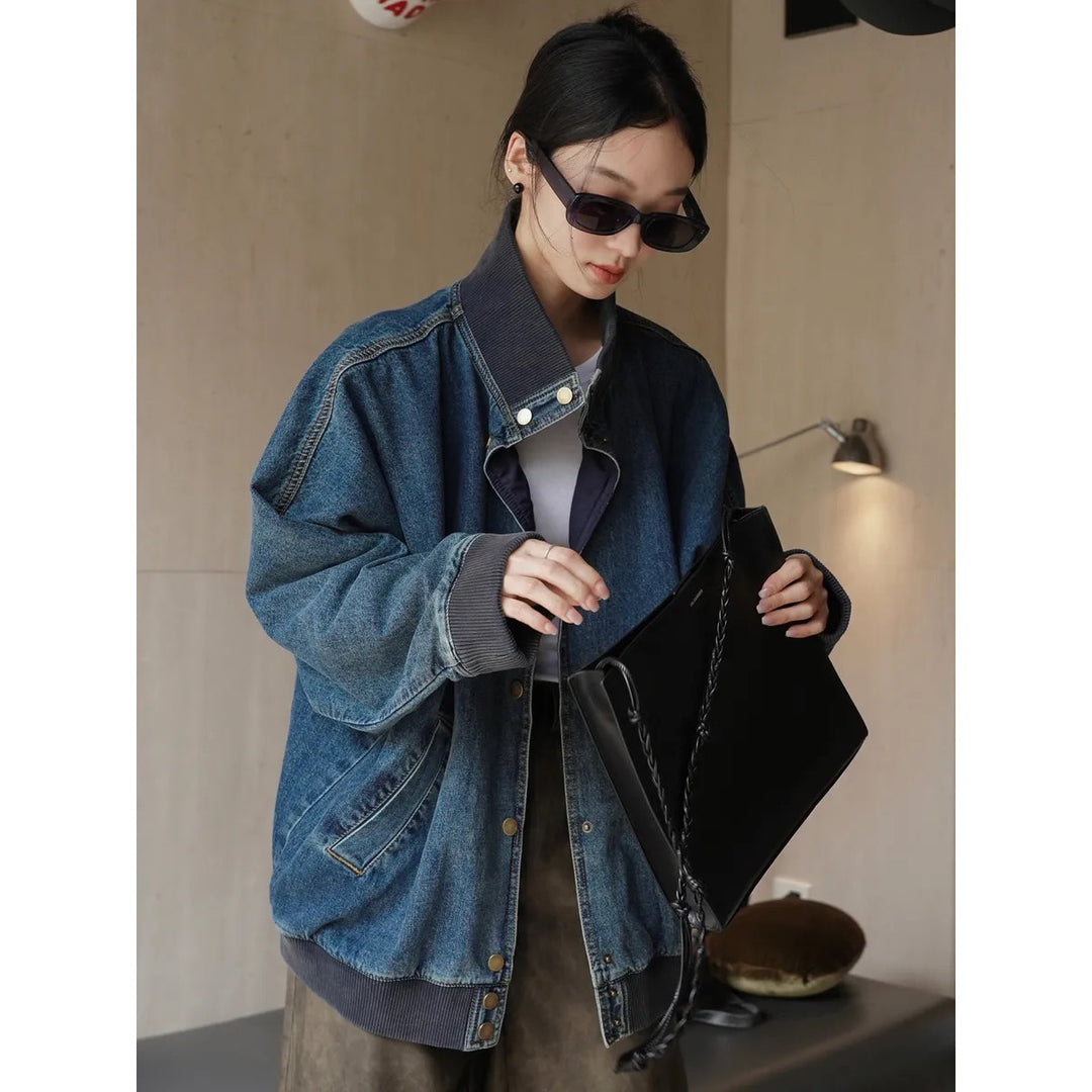 Damen Oversized Jeans-Bomberjacke mit Rippkragen und Druckknopffront Nord Taschen