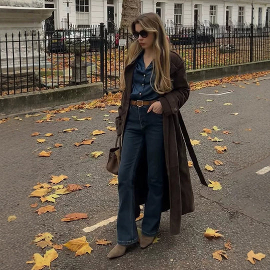 Damen Langschnitt Wildleder-Trenchcoat mit Oversize-Kragen und Bindegürtel Nord Taschen