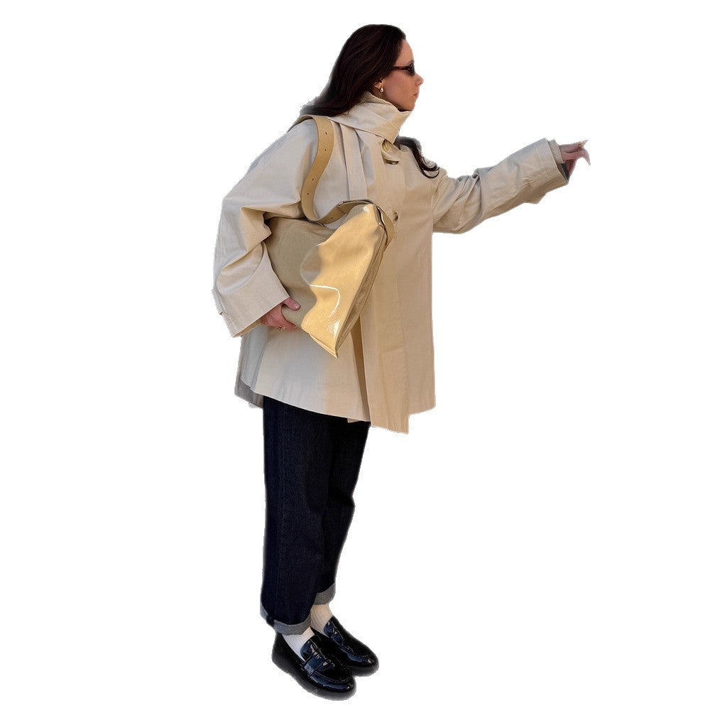 Damen Kurzer Oversize-Trench mit hohem Stehkragen, verdeckter Knopfleiste & weiten Manschetten Nord Taschen