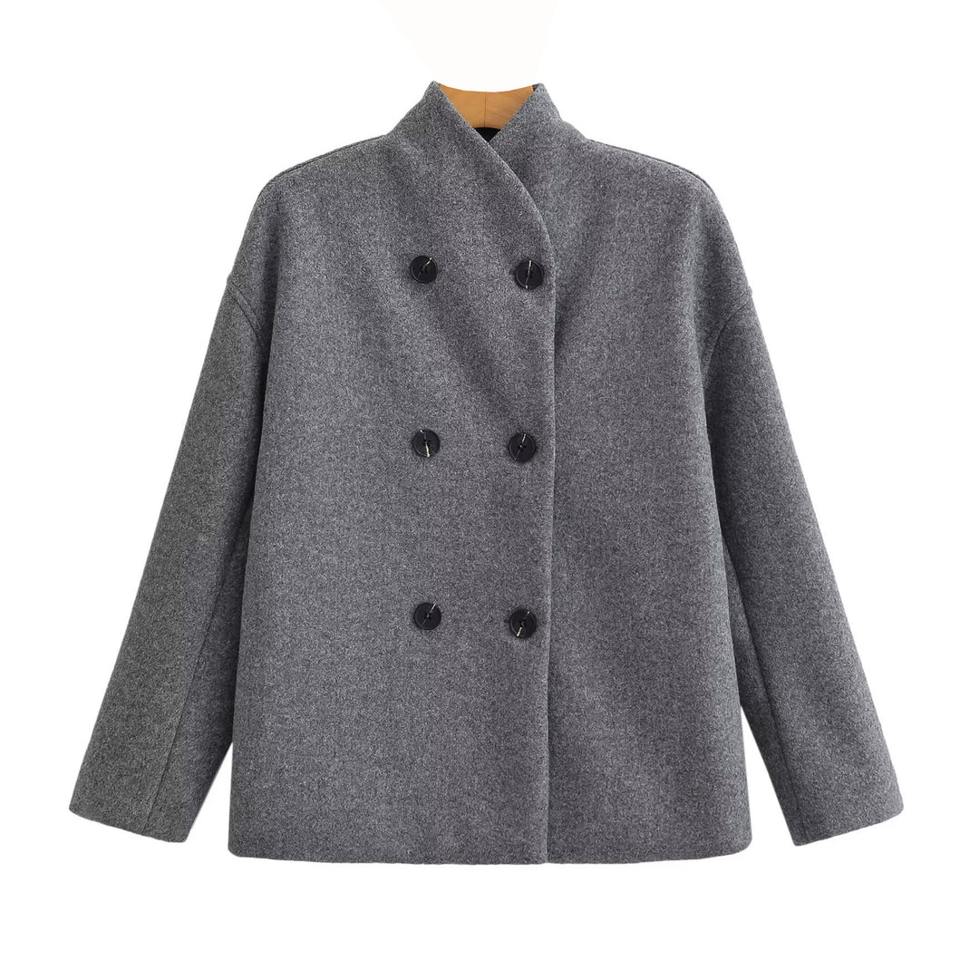 Damen Oversized Doppelreihiger Wollmantel mit Stehkragen Nord Taschen
