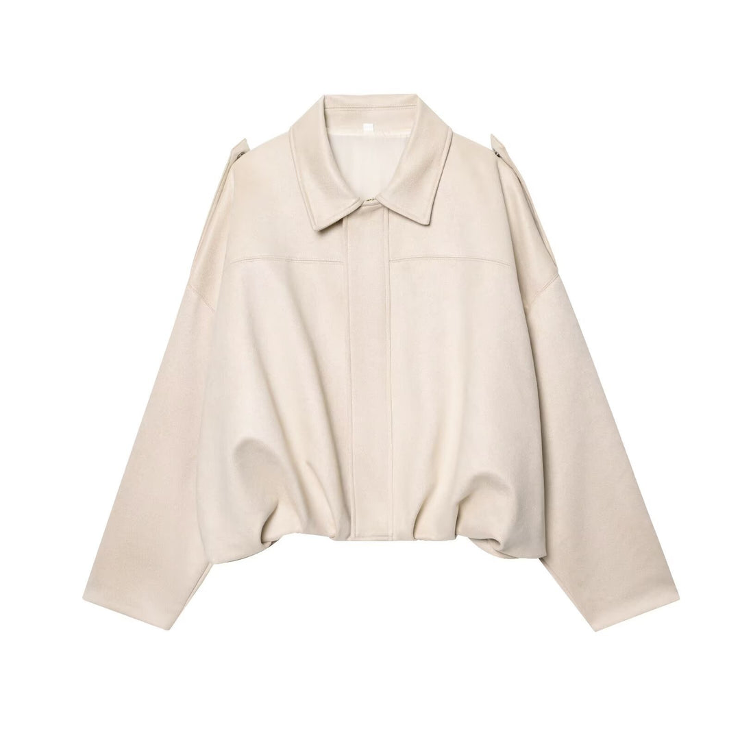 Damen Gekürzte Wildlederoptik-Blousonjacke mit Taillen-Smock und Schulterpatten Nord Taschen