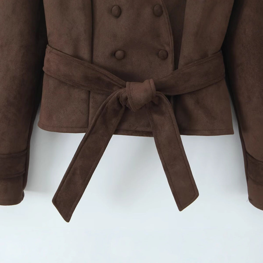Damen Kurze Taillierte Velours‑Suede‑Jacke mit Bindegürtel und Reverskragen Nord Taschen