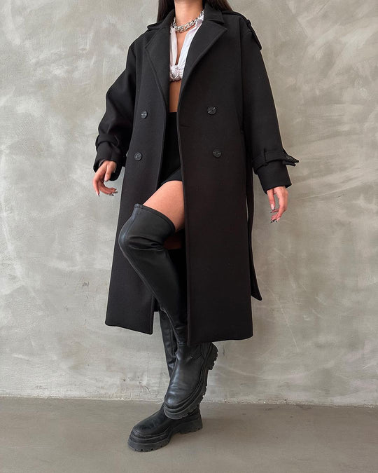 Damen Oversize Wollmix-Mantel mit doppelreihiger Knopfleiste und Taillengürtel Nord Taschen