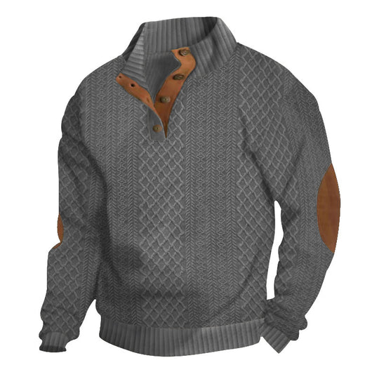 Herren Strukturierter Aran-Strickpullover mit halbem Knopfleistenkragen und Leder-Ellbogenpatches Nord Taschen