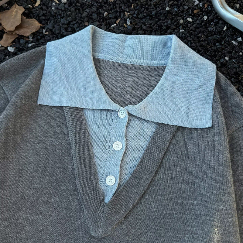 Damen Oversized Polo-Feinstrickpullover mit Kontrastkragen und geripptem Saum Nord Taschen