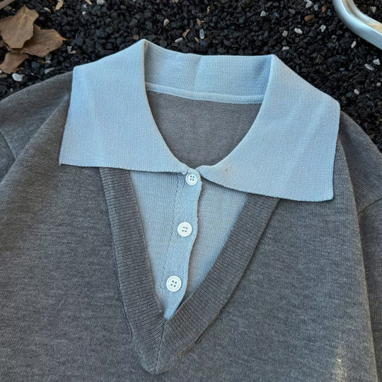 Damen Oversized Polo-Feinstrickpullover mit Kontrastkragen und geripptem Saum Nord Taschen