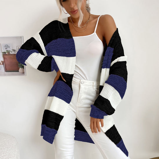 Damen Longline Strickcardigan mit breiten Blockstreifen, offener Front und überschnittener Schulter Nord Taschen