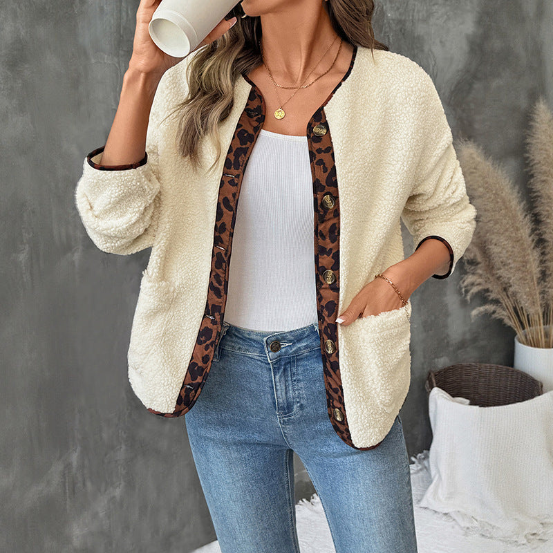 Damen Gemütlicher Teddy-Blazer mit Leopardenmuster Nord Taschen