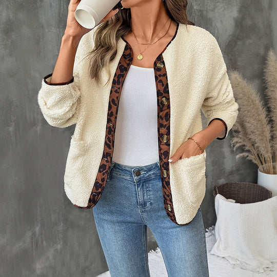 Damen Gemütlicher Teddy-Blazer mit Leopardenmuster Nord Taschen