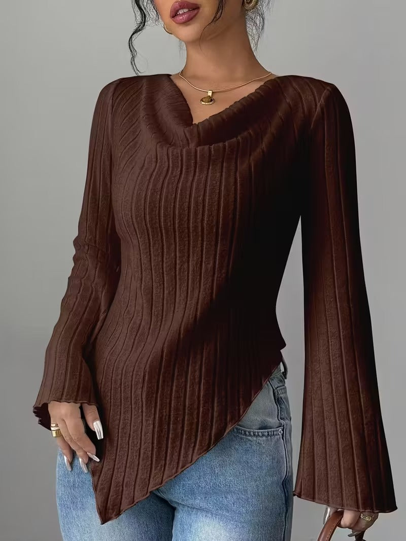 Damen Asymmetrischer Gerippter Feinstrickpullover mit V-Ausschnitt Nord Taschen