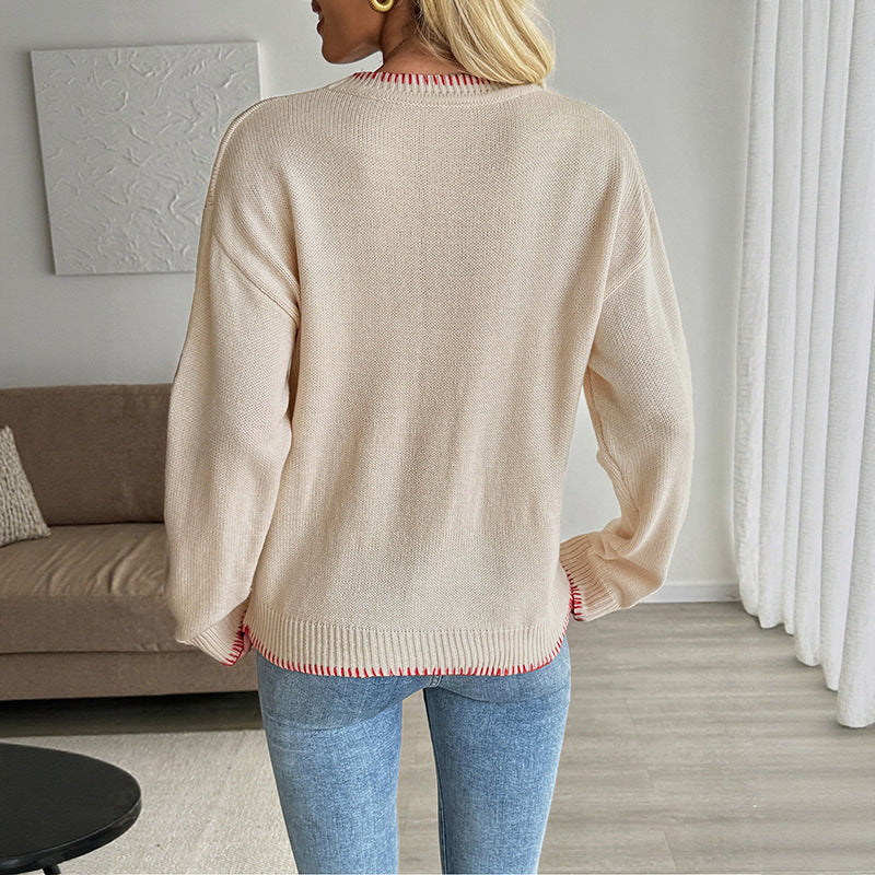 Damen Oversize-Feinstrickpullover mit Krebs-Jacquard, Rundhals und gerippten Abschlüssen Nord Taschen