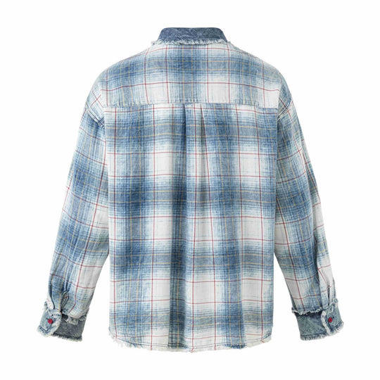 Damen Oversize kariertes Hemdjacke mit Denim-Applikationen und ausgefransten Kanten Nord Taschen