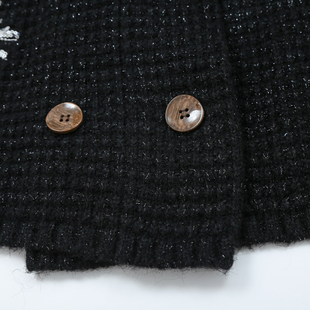 Damen Grobgestrickter Double-Breasted Cardigan-Mantel mit Schalkragen und Perlen‑Pailletten-Applikation Nord Taschen
